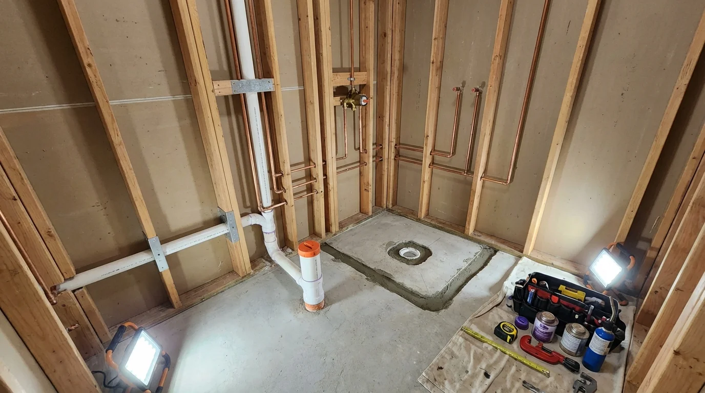 Bathroom rough-in plumbing during remodel by Johns Plumbing LLC in Huntington Beach