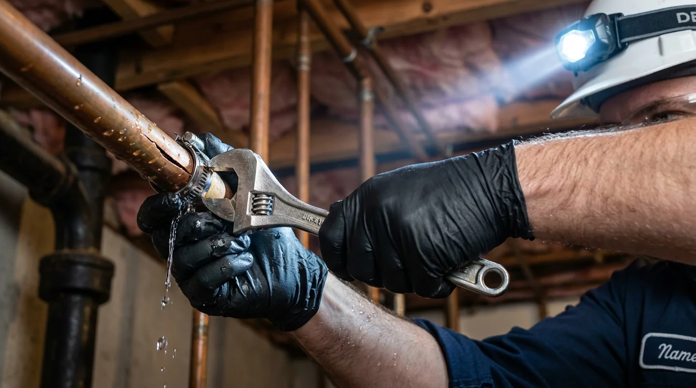 Emergency pipe clamp repair being performed by a Johns Plumbing LLC plumber in Huntington Beach