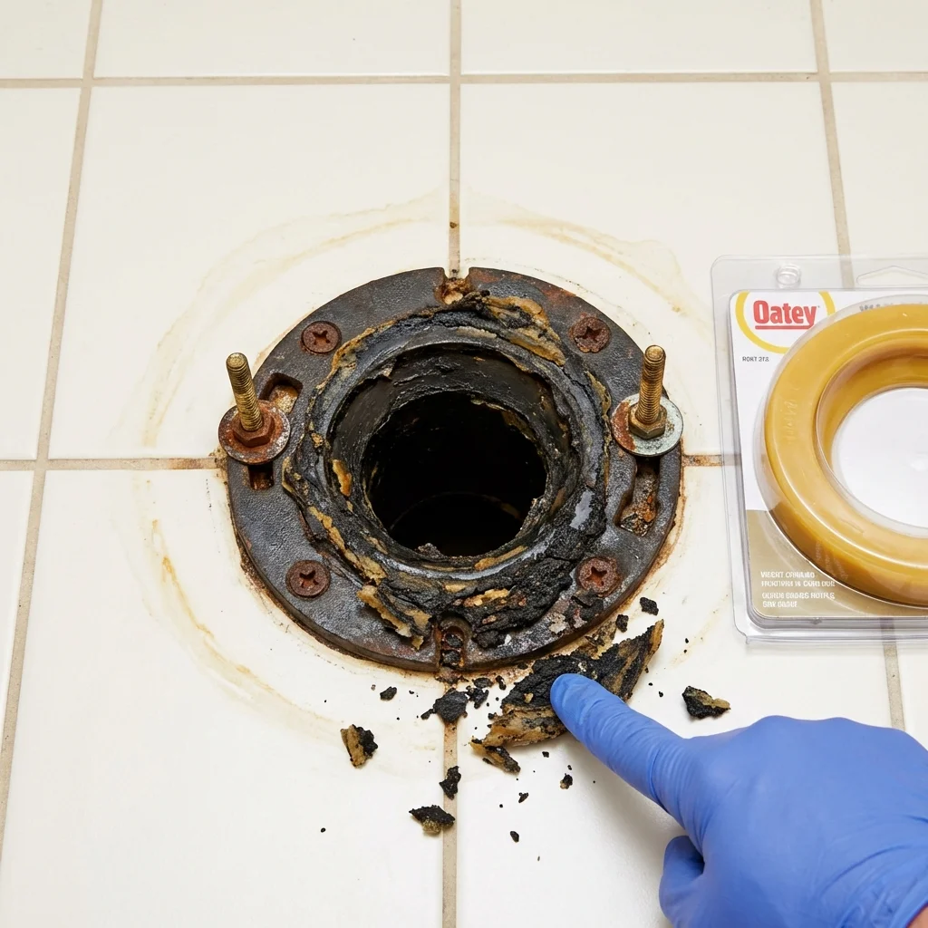 Failed wax ring showing water seepage at the base of a toilet in a Huntington Beach, CA home