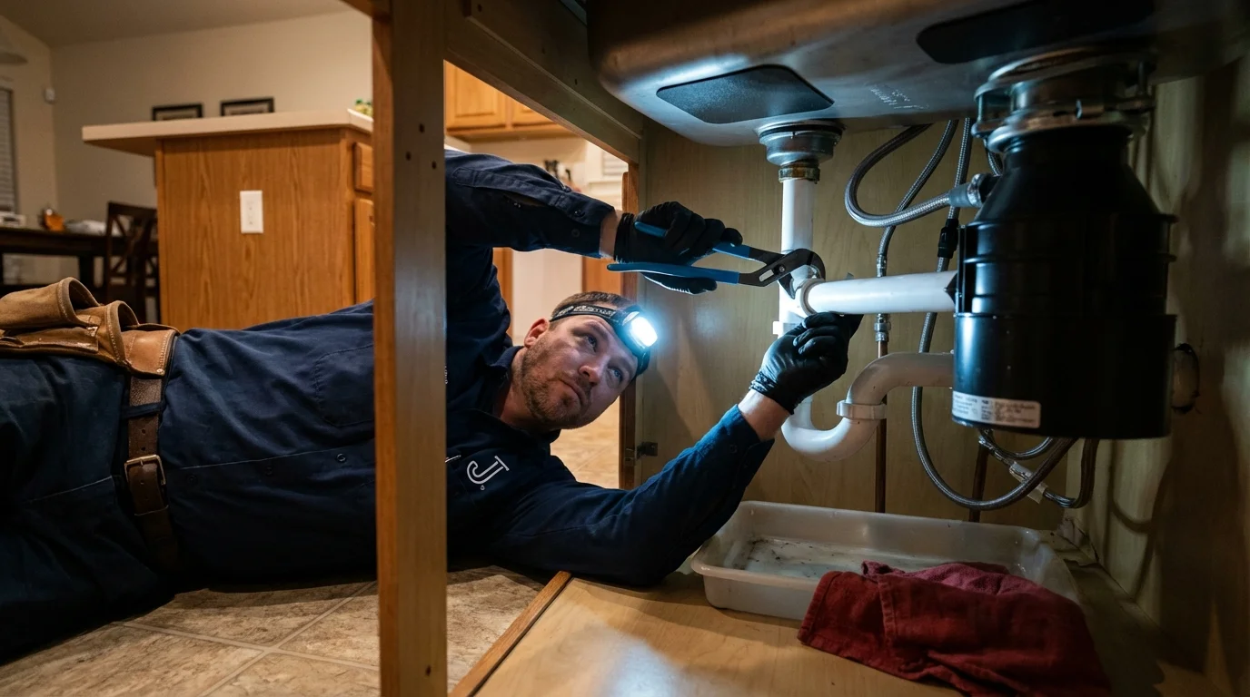 P-trap and supply line connections under a kitchen sink showing a common leak point in Huntington Beach, CA